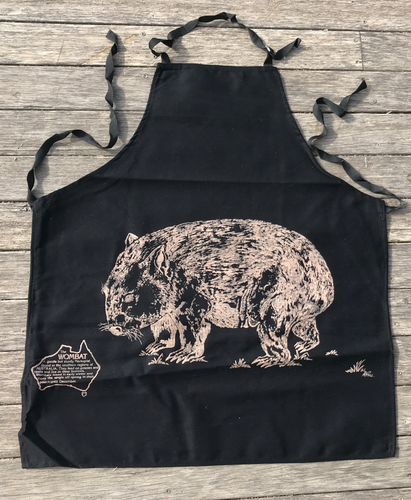 Wombat Print  large coffee on Black Cotton Drill Apron XL Limited edition NO POCKET