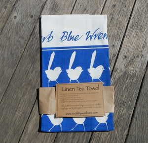 Blue Wren Print on white Linen Tea Towel Made in Australia