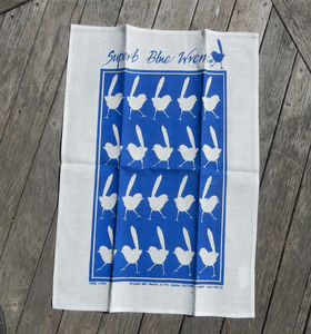 Blue Wren Print on white Linen Tea Towel Made in Australia