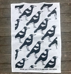 Magpie Print on White Linen  tea towel made in Australia