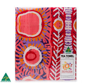 Murdie Morris Red/Pink Aboriginal design tea towel, made in Australia
