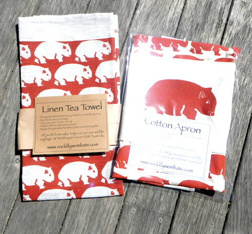 A Wombat Print Red Earth  Cotton Drill, Pocket  Apron +  Natural Tea towel Rust print  Set made in Australia