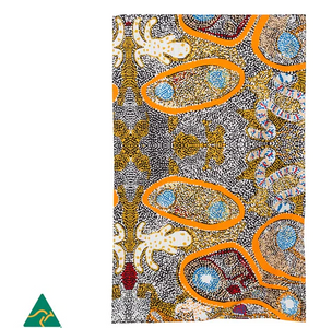 Elaine Lane Aboriginal design Golden tea towel, made in Australia