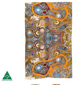 Elaine Lane Aboriginal design Golden tea towel, made in Australia