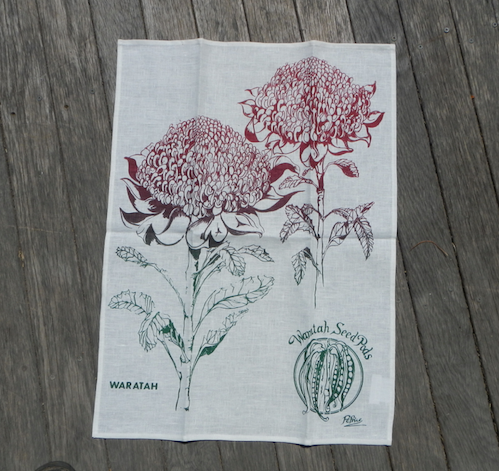 Waratah printed on White Linen Tea Towel Made in Australia