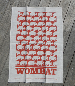 A Wombat Print Red Earth  Cotton Drill, Pocket  Apron +  Natural Tea towel Rust print  Set made in Australia