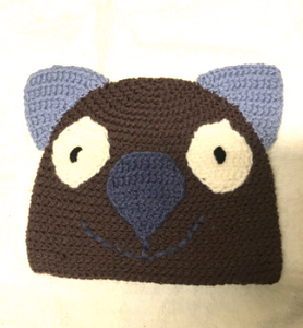 C 2-6. Drop bear, Wombat, Koala Hat 100% wool Child 2-6 yrs : Brown Lt blue