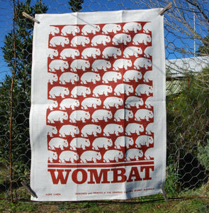 Wombat Tea Towel  Red Earth Print on whie linen