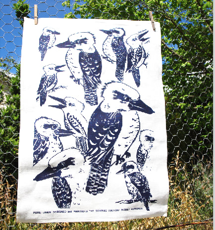 Kookaburra Blue Print on Linen Tea Towel