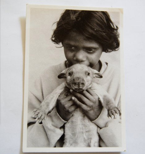 Vintage postcard Girl with rescued southern hairy nosed wombat. 