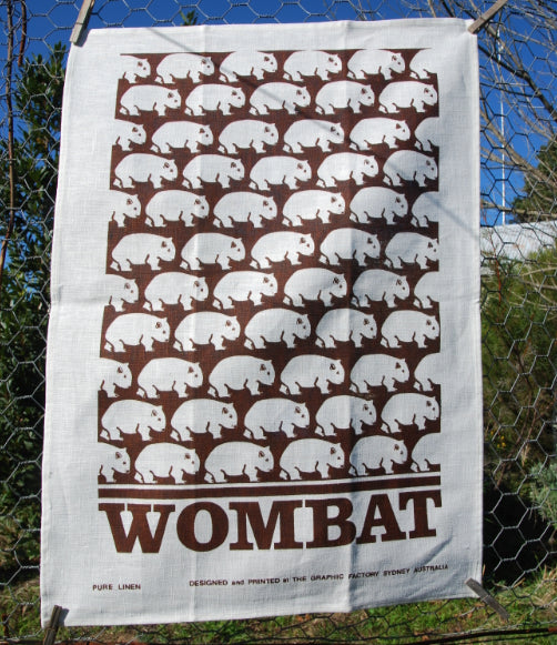 Wombat tea towel natural linen Brown print